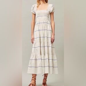 Tory Burch Striped Smocked Midi Dress